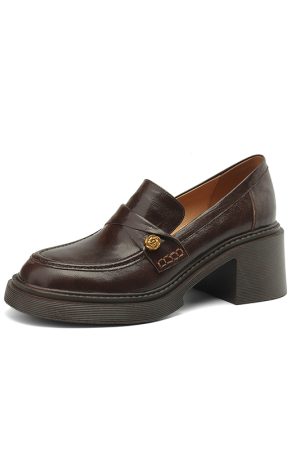 Chunky Heel Black Loafers for Women - Summer 2025 Small Leather Shoes with Camellia Design - Trendy and Stylish