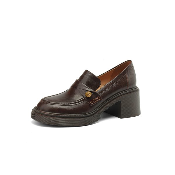 Chunky Heel Black Loafers for Women - Summer 2025 Small Leather Shoes with Camellia Design - Trendy and Stylish