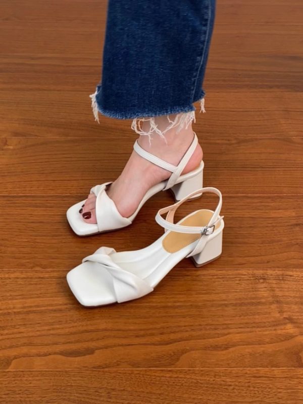 Chunky Heel Black Square Head Sandals for Women - Summer 2025 One-Word Leather Design, Trendy High Heels, Size 41