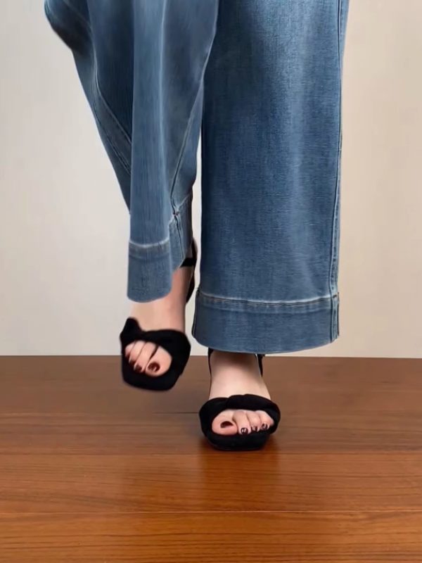 Chunky Heel Black Square Head Sandals for Women - Summer 2025 One-Word Leather Design, Trendy High Heels, Size 41