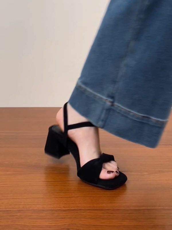 Chunky Heel Black Square Head Sandals for Women - Summer 2025 One-Word Leather Design, Trendy High Heels, Size 41