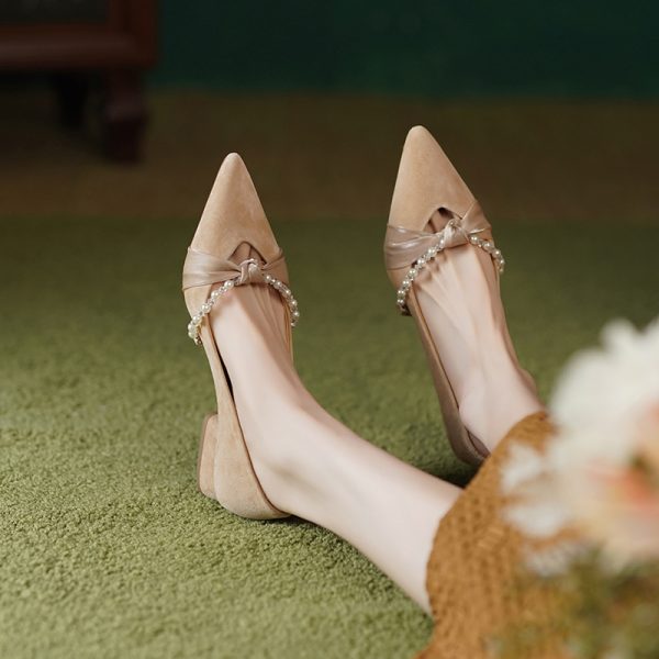 Chunky Heel Pearl Pointed Toe Women's Evening Shoes in Genuine Leather & Sheepskin Suede - Chic French Style