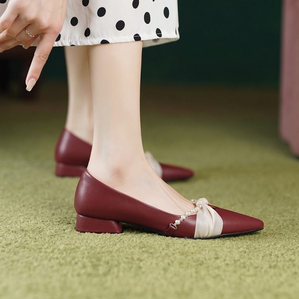 Chunky Heel Pearl Pointed Toe Women's Evening Shoes in Genuine Leather & Sheepskin Suede - Chic French Style