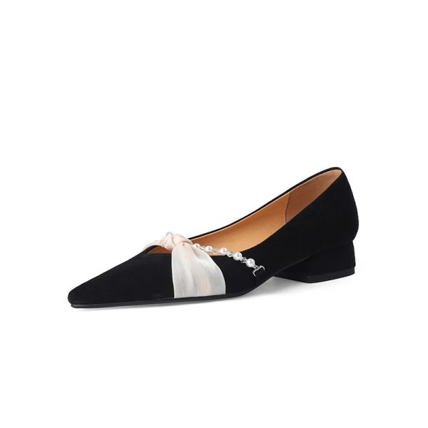 Chunky Heel Pearl Pointed Toe Women's Evening Shoes in Genuine Leather & Sheepskin Suede - Chic French Style