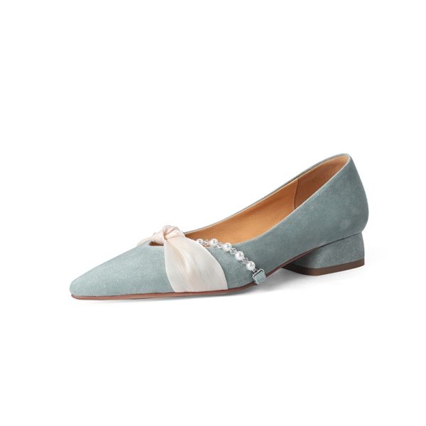 Chunky Heel Pearl Pointed Toe Women's Evening Shoes in Genuine Leather & Sheepskin Suede - Chic French Style
