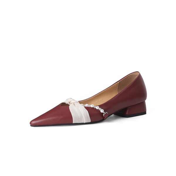Chunky Heel Pearl Pointed Toe Women's Evening Shoes in Genuine Leather & Sheepskin Suede - Chic French Style