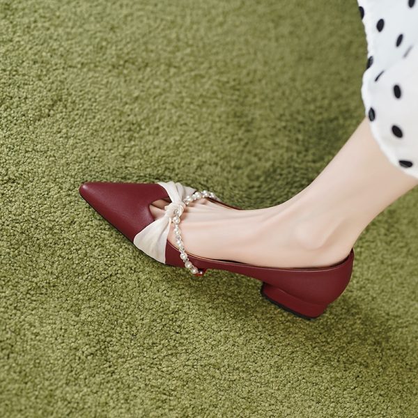 Chunky Heel Pearl Pointed Toe Women's Evening Shoes in Genuine Leather & Sheepskin Suede - Chic French Style