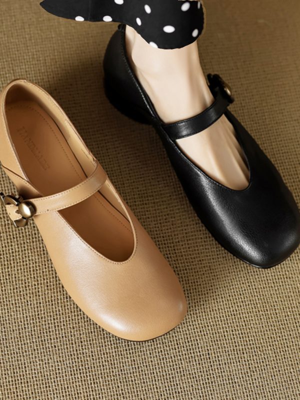 Chunky Mid-Heel Mary Jane Shoes for Women - Sheepskin Round Toe Flats in Forest Green - Spring Summer 2025 Fashion