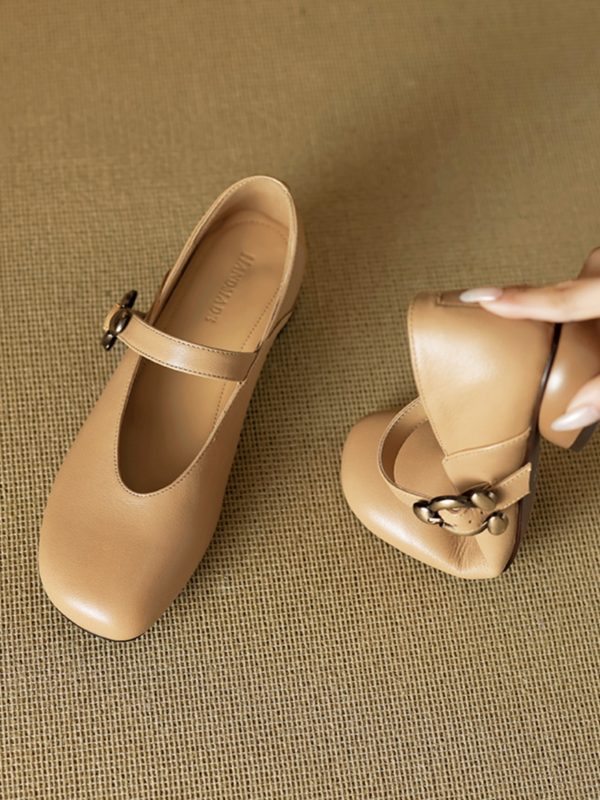 Chunky Mid-Heel Mary Jane Shoes for Women - Sheepskin Round Toe Flats in Forest Green - Spring Summer 2025 Fashion