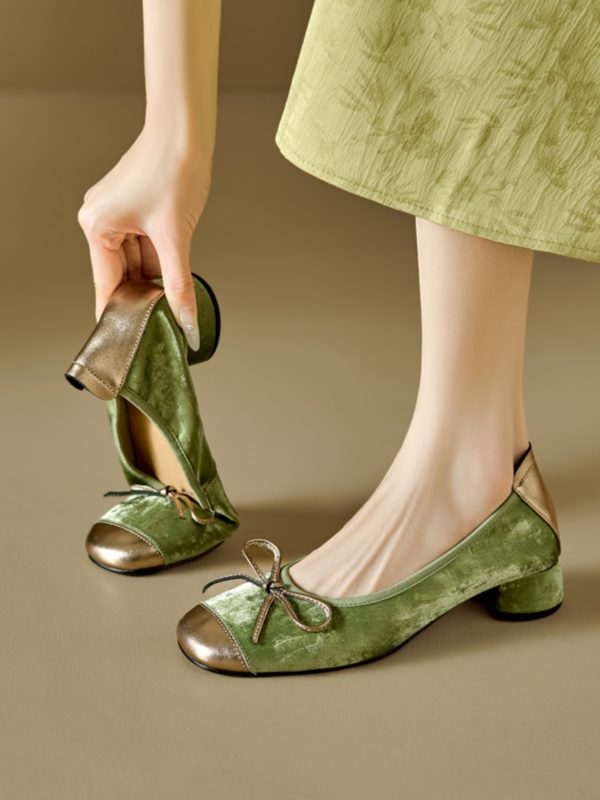Color-Block Bow Mid-Heel Chunky Open-Toe Flats for Women - Genuine Leather Summer Soft Sole Egg Roll Shoes