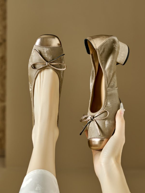 Color-Block Bow Mid-Heel Chunky Open-Toe Flats for Women - Genuine Leather Summer Soft Sole Egg Roll Shoes