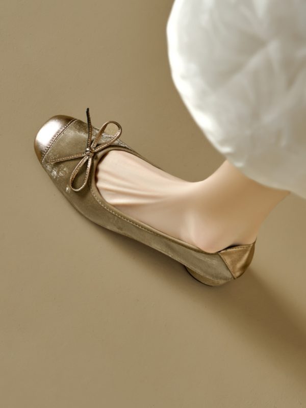 Color-Block Bow Mid-Heel Chunky Open-Toe Flats for Women - Genuine Leather Summer Soft Sole Egg Roll Shoes