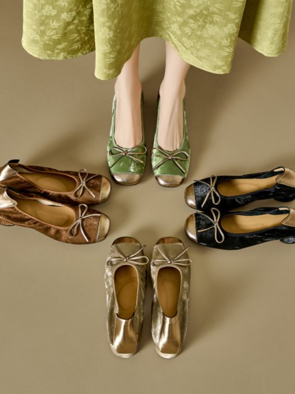 Color-Block Bow Mid-Heel Chunky Open-Toe Flats for Women - Genuine Leather Summer Soft Sole Egg Roll Shoes