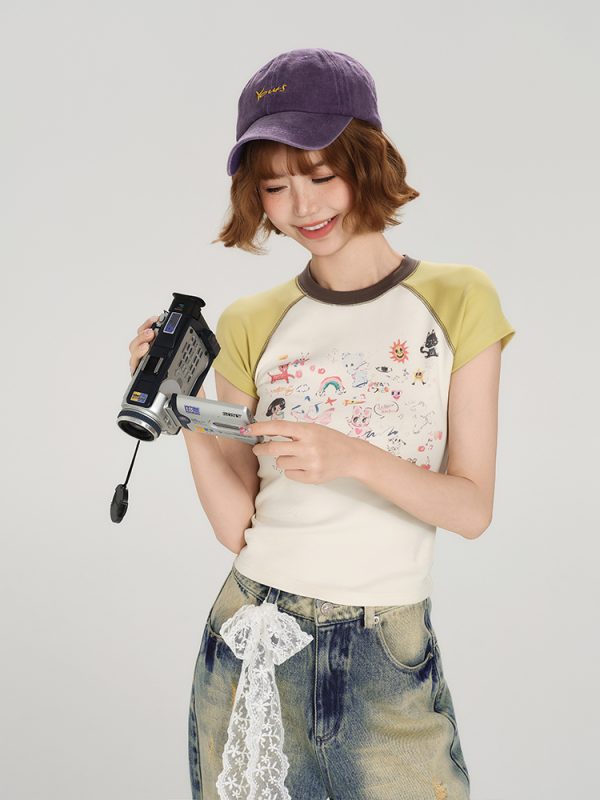 Color-Block Cartoon Illustration Short Sleeve T-Shirt for Women - Retro 90s Slim-Fit Summer Top