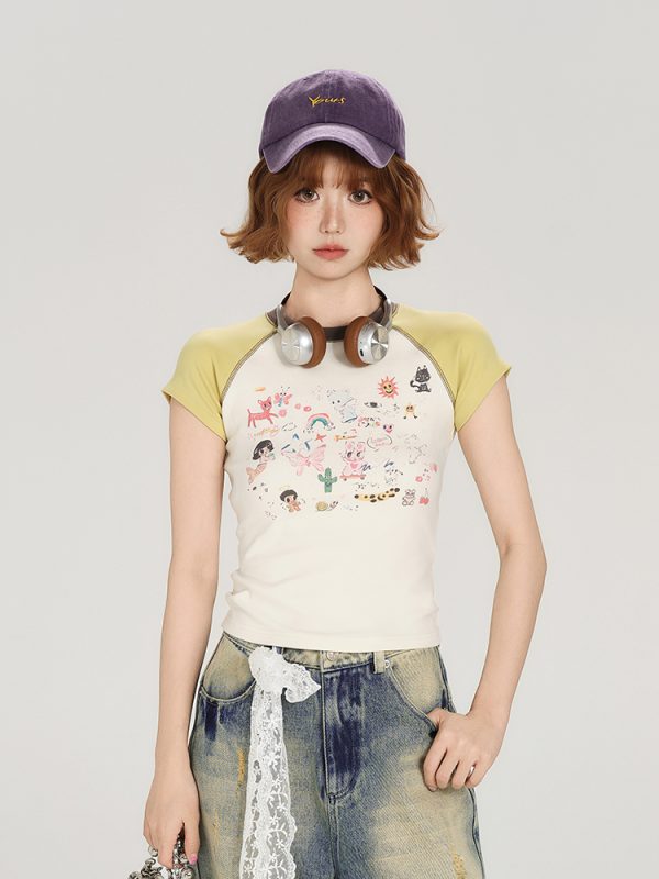 Color-Block Cartoon Illustration Short Sleeve T-Shirt for Women - Retro 90s Slim-Fit Summer Top