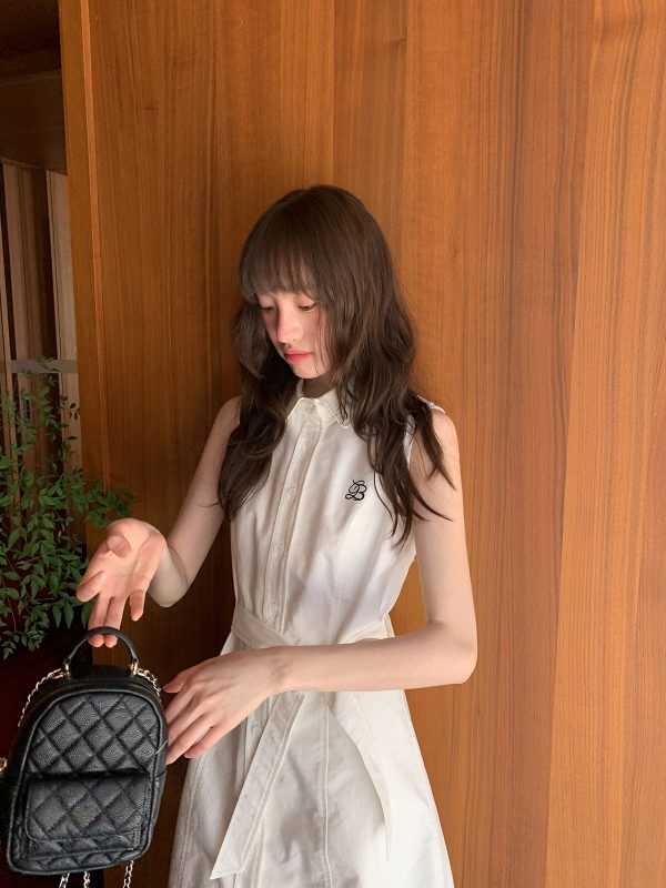 Color-Block Embroidered Sleeveless Shirt Dress for Women - Summer A-Line Waist-Cinching Style, Trendy French Design