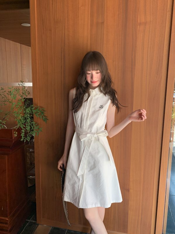Color-Block Embroidered Sleeveless Shirt Dress for Women - Summer A-Line Waist-Cinching Style, Trendy French Design