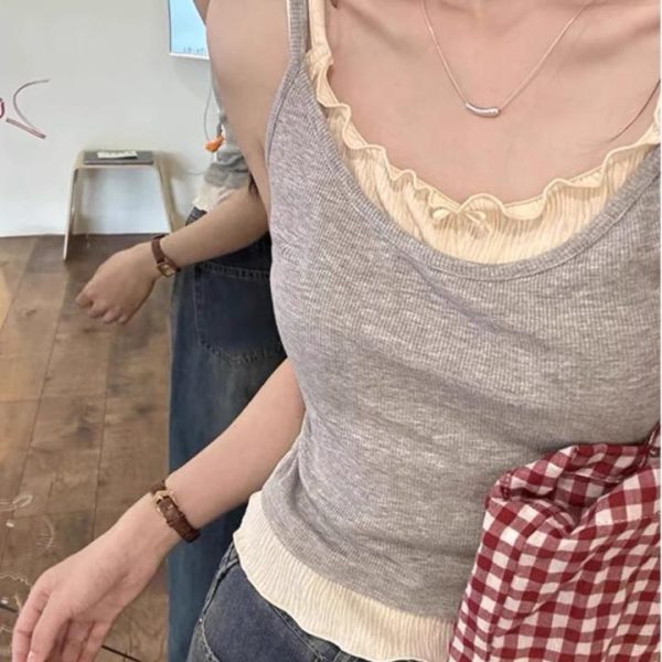 Color-Block Fake Two-Piece Vest for Women with Chest Pads, Summer Ruffled Edge Slim-Fit Camisole Top, Sweet Casual Style