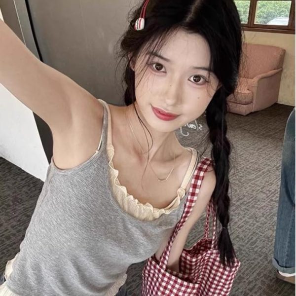Color-Block Fake Two-Piece Vest for Women with Chest Pads, Summer Ruffled Edge Slim-Fit Camisole Top, Sweet Casual Style