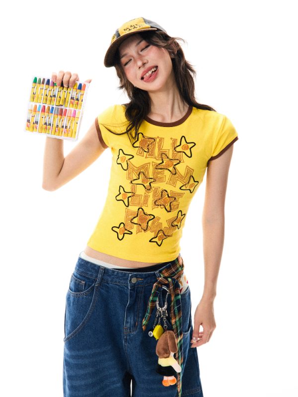 Color Block Graffiti Short Sleeve T-Shirt for Women - Summer Casual Versatile Top, Y2K Aesthetic