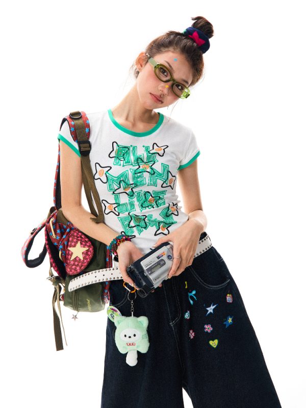Color Block Graffiti Short Sleeve T-Shirt for Women - Summer Casual Versatile Top, Y2K Aesthetic