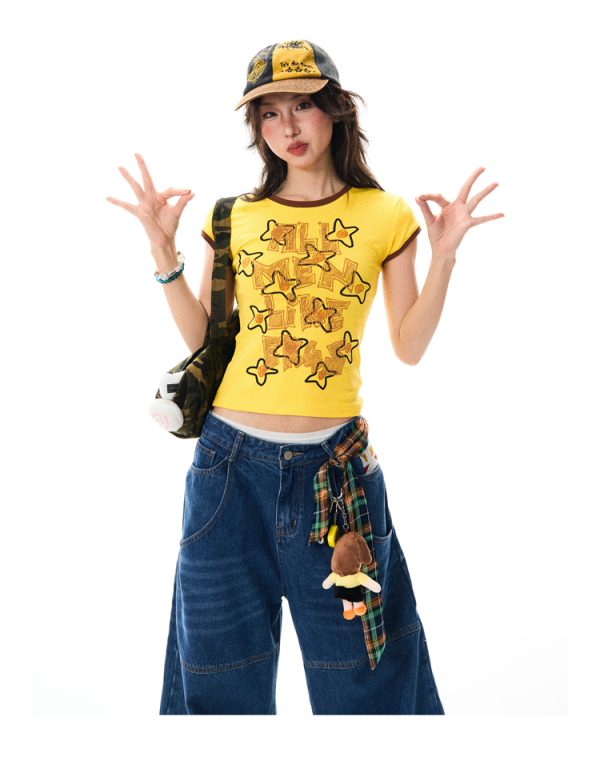 Color Block Graffiti Short Sleeve T-Shirt for Women - Summer Casual Versatile Top, Y2K Aesthetic