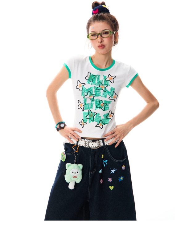 Color Block Graffiti Short Sleeve T-Shirt for Women - Summer Casual Versatile Top, Y2K Aesthetic