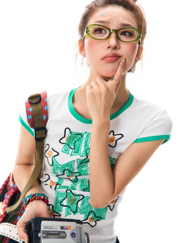 Color Block Graffiti Short Sleeve T-Shirt for Women - Summer Casual Versatile Top, Y2K Aesthetic