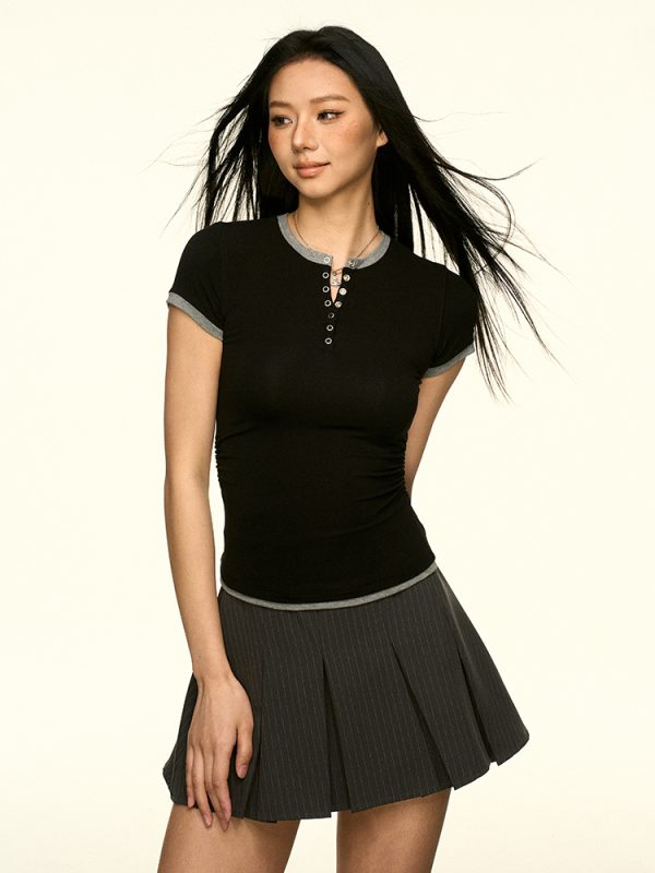 Color-Block Henley Short-Sleeve T-Shirt for Women - Slim Fit, American Style, Versatile Spring/Summer Fashion