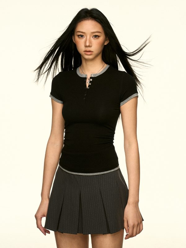 Color-Block Henley Short-Sleeve T-Shirt for Women - Slim Fit, American Style, Versatile Spring/Summer Fashion
