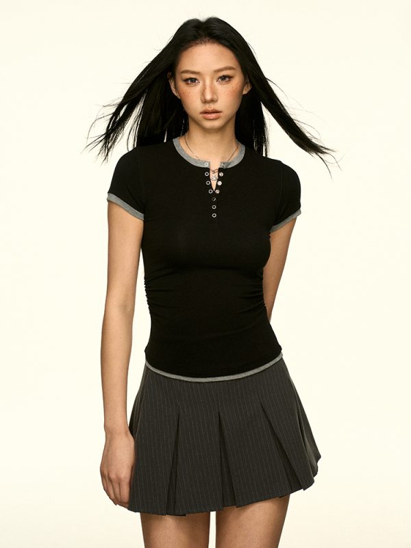 Color-Block Henley Short-Sleeve T-Shirt for Women - Slim Fit, American Style, Versatile Spring/Summer Fashion