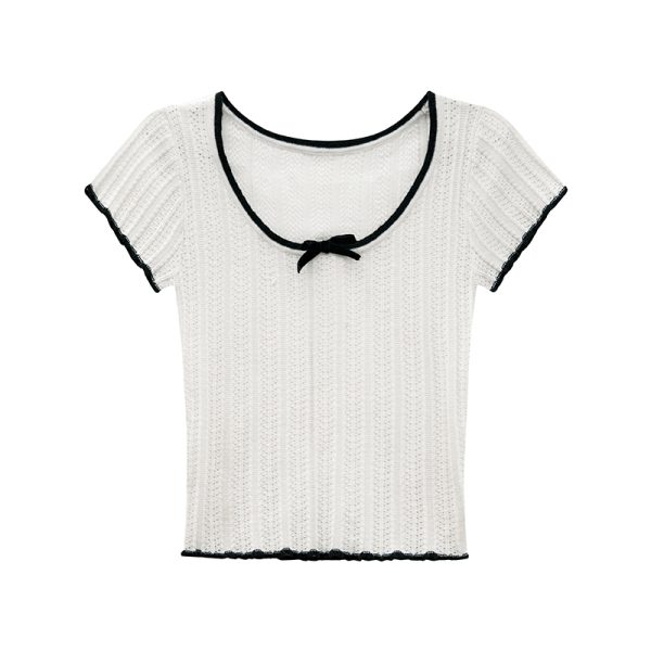 Color-Block Knitted Short-Sleeve T-Shirt for Women - Slim Fit Cropped Top, American Style Summer 2025 Fashion