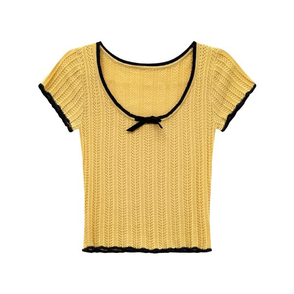Color-Block Knitted Short-Sleeve T-Shirt for Women - Slim Fit Cropped Top, American Style Summer 2025 Fashion