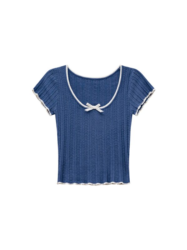 Color-Block Knitted Short-Sleeve T-Shirt for Women - Slim Fit Cropped Top, American Style Summer 2025 Fashion