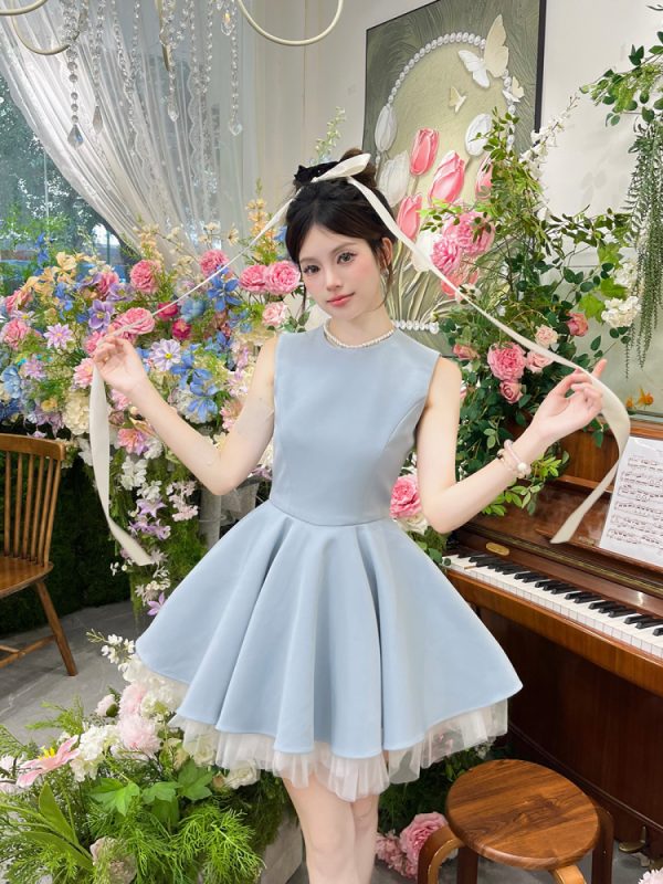 Color-Block Mesh Sleeveless French Hepburn-Style Puff Skirt Ballet Dress for Noble Ladies - Elegant Waist-Cinching Design