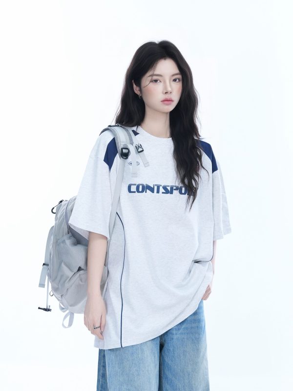 Color-Block Oversized Short Sleeve T-Shirt for Women - Casual Summer Style, American Trend, Loose Fit, Y2K Inspired