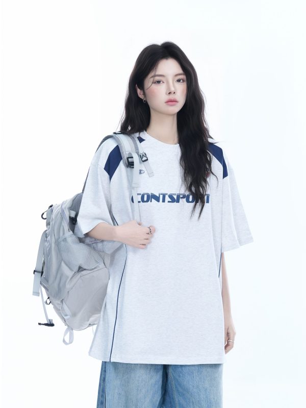 Color-Block Oversized Short Sleeve T-Shirt for Women - Casual Summer Style, American Trend, Loose Fit, Y2K Inspired