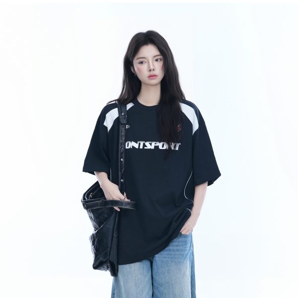 Color-Block Oversized Short Sleeve T-Shirt for Women - Casual Summer Style, American Trend, Loose Fit, Y2K Inspired