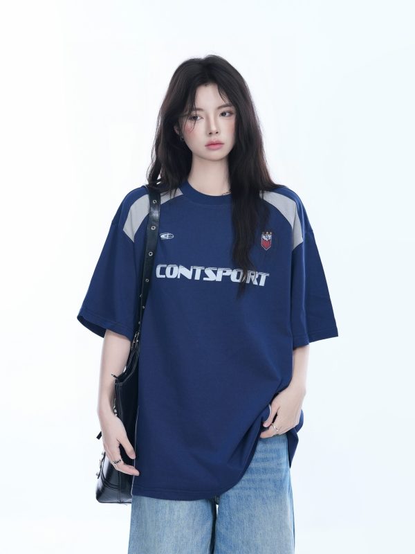 Color-Block Oversized Short Sleeve T-Shirt for Women - Casual Summer Style, American Trend, Loose Fit, Y2K Inspired