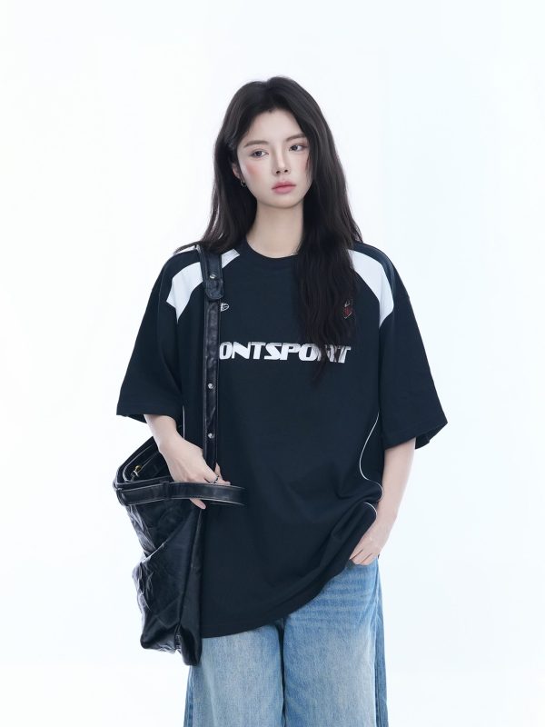 Color-Block Oversized Short Sleeve T-Shirt for Women - Casual Summer Style, American Trend, Loose Fit, Y2K Inspired