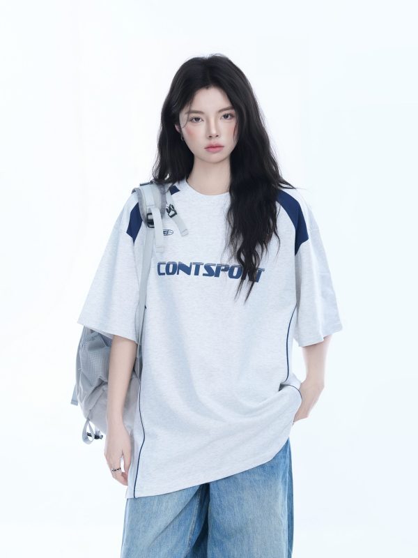 Color-Block Oversized Short Sleeve T-Shirt for Women - Casual Summer Style, American Trend, Loose Fit, Y2K Inspired