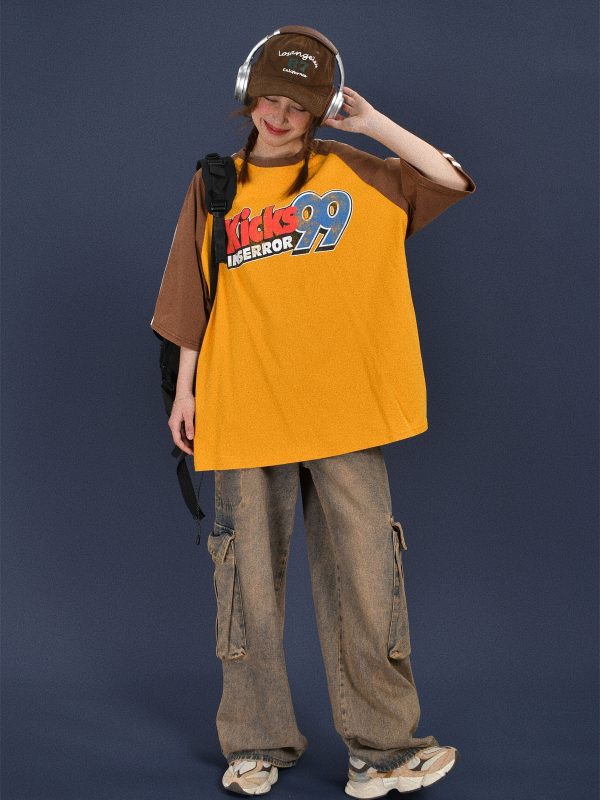 Color-Block Retro Sports Short Sleeve T-Shirt for Summer - Loose Fit Distressed Double Stripe Trendy Style