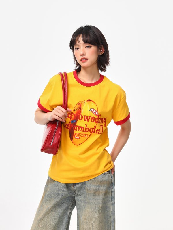 Color-Block Round Neck T-Shirt for Women - American Retro Style, Boxy Fit, Trendy Print, Ginger Yellow Short Sleeves