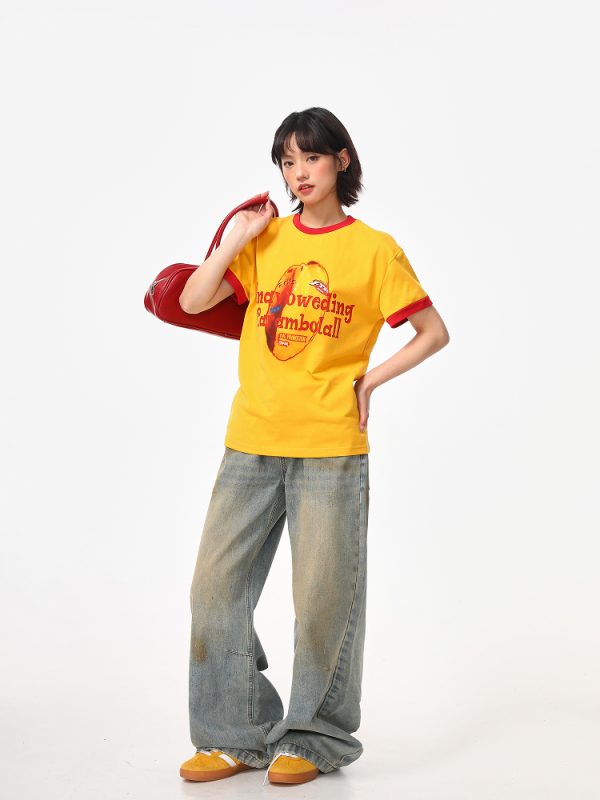 Color-Block Round Neck T-Shirt for Women - American Retro Style, Boxy Fit, Trendy Print, Ginger Yellow Short Sleeves