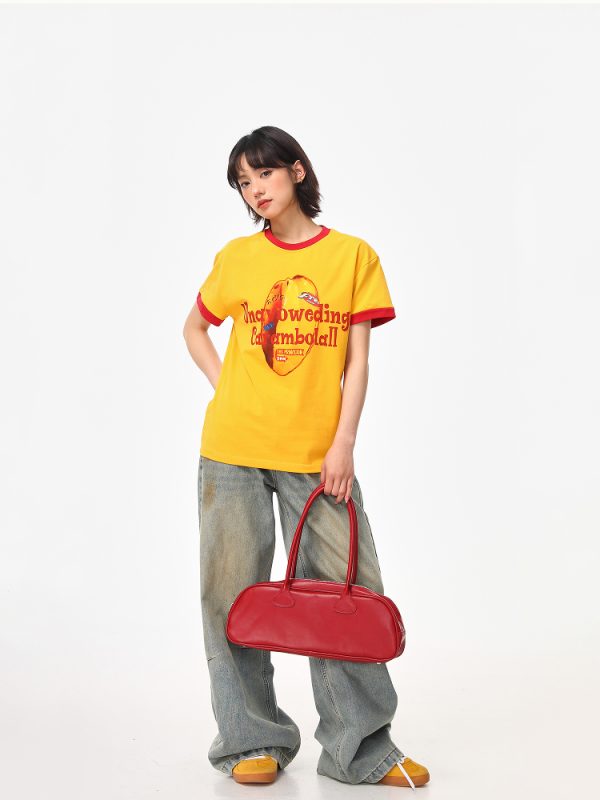 Color-Block Round Neck T-Shirt for Women - American Retro Style, Boxy Fit, Trendy Print, Ginger Yellow Short Sleeves