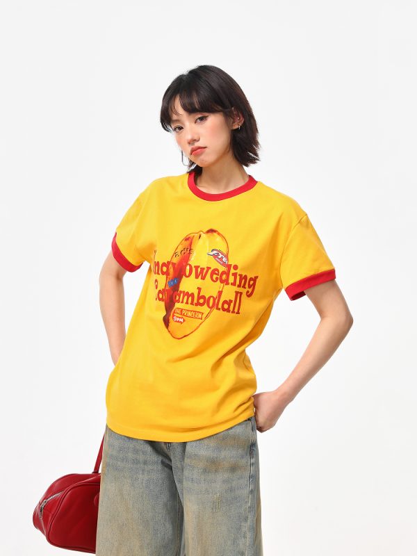 Color-Block Round Neck T-Shirt for Women - American Retro Style, Boxy Fit, Trendy Print, Ginger Yellow Short Sleeves