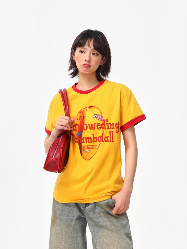 Color-Block Round Neck T-Shirt for Women - American Retro Style, Boxy Fit, Trendy Print, Ginger Yellow Short Sleeves
