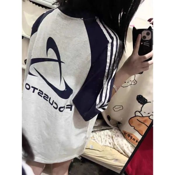 Color-Block Short Sleeve T-Shirt for Girls - Three-Stripe Raglan Design, Summer Fashion for Middle and High School Students