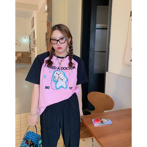 Color-Block Short Sleeve T-Shirt for Women with Shoulder Pads - Stylish Summer 2025 Blouse, Age-Reducing, Trendy Fashion Top