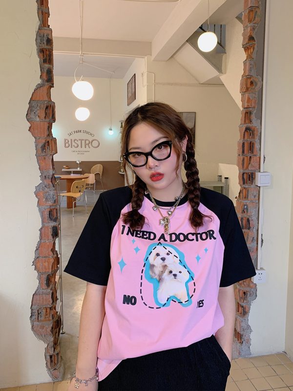 Color-Block Short Sleeve T-Shirt for Women with Shoulder Pads - Stylish Summer 2025 Blouse, Age-Reducing, Trendy Fashion Top